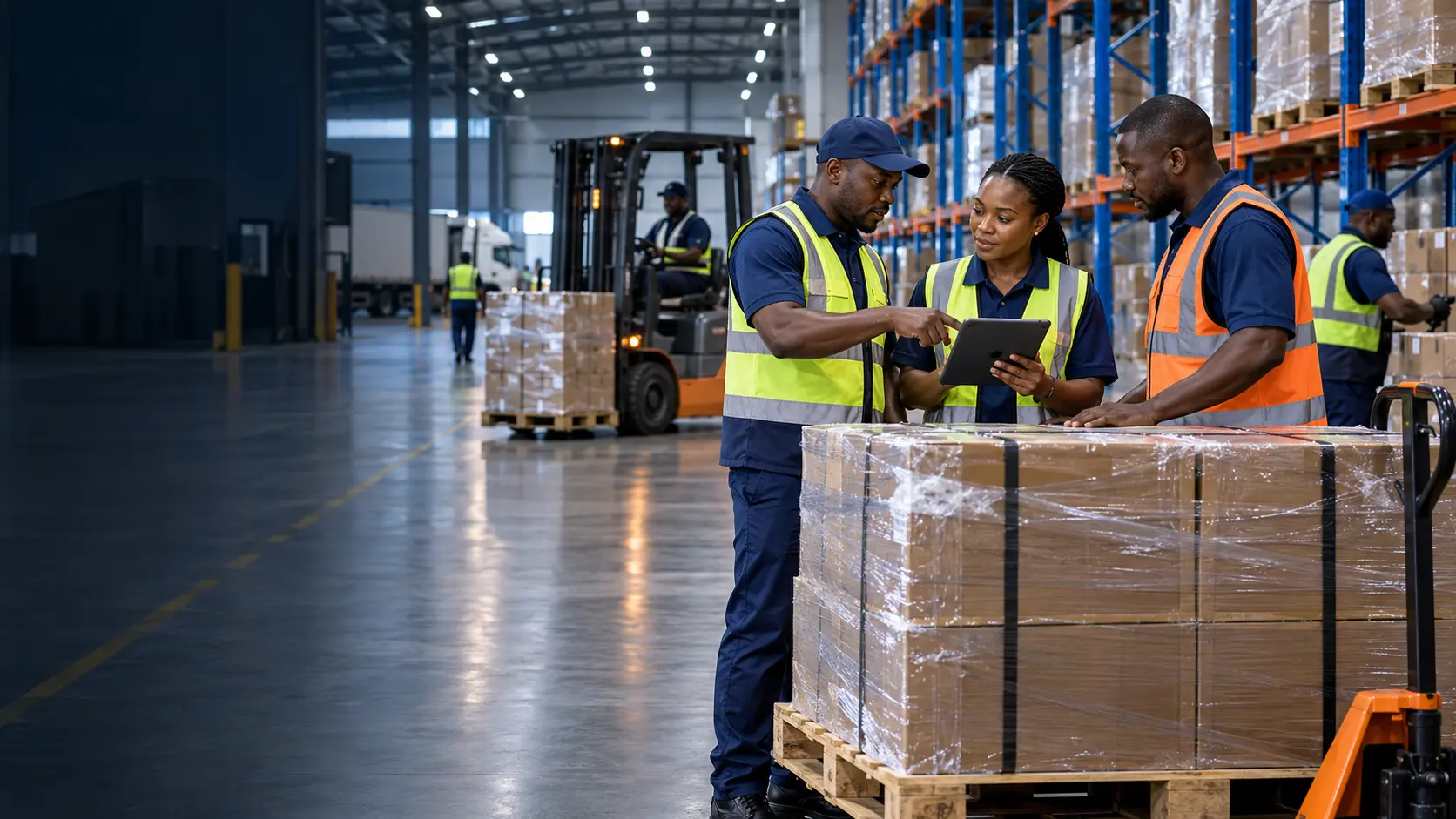 African logistics professionals managing warehouse cargo